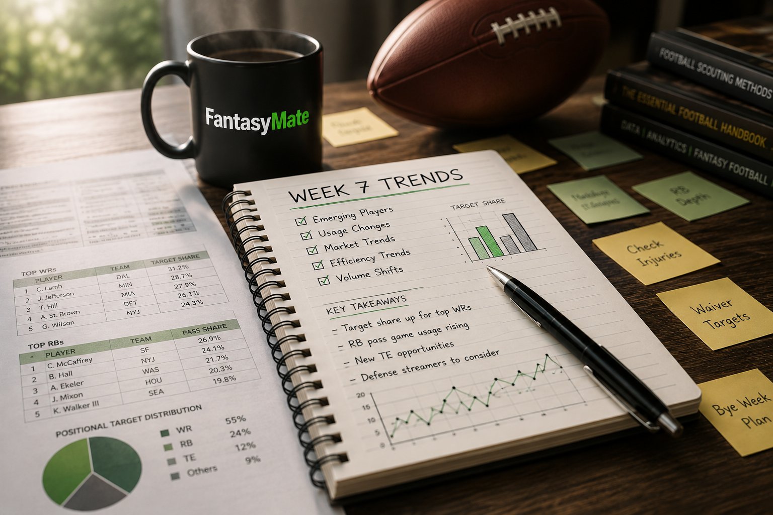 Football research notes and analysis in a notebook